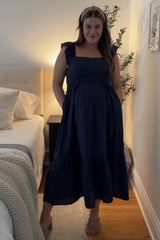 Three Little Tots Navy Blue Textured Cotton Ruffle Strap Maternity Midi Dress, additional view
