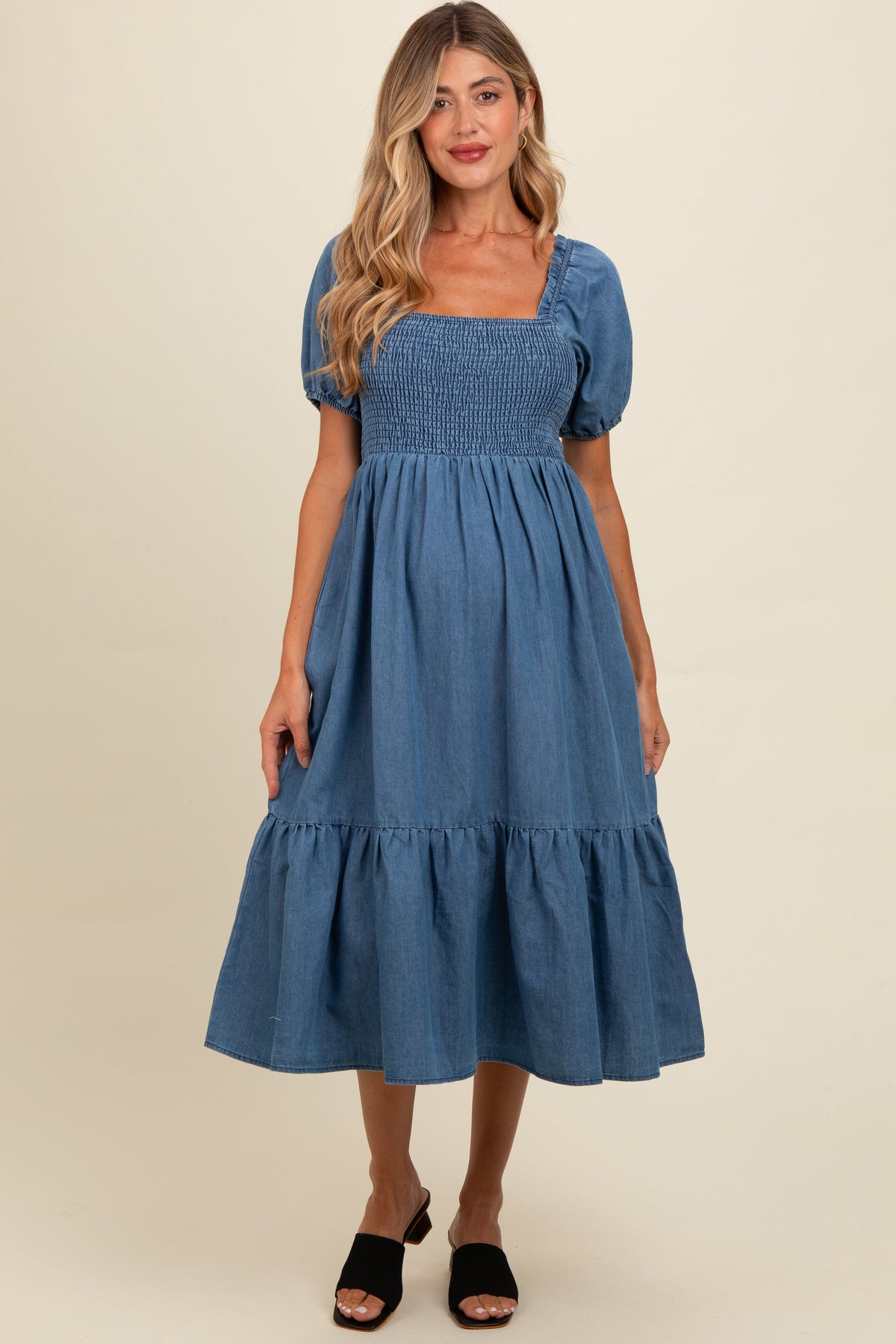 Three Little Tots Blue Vintage Wash Chambray Smocked Maternity Midi Dress