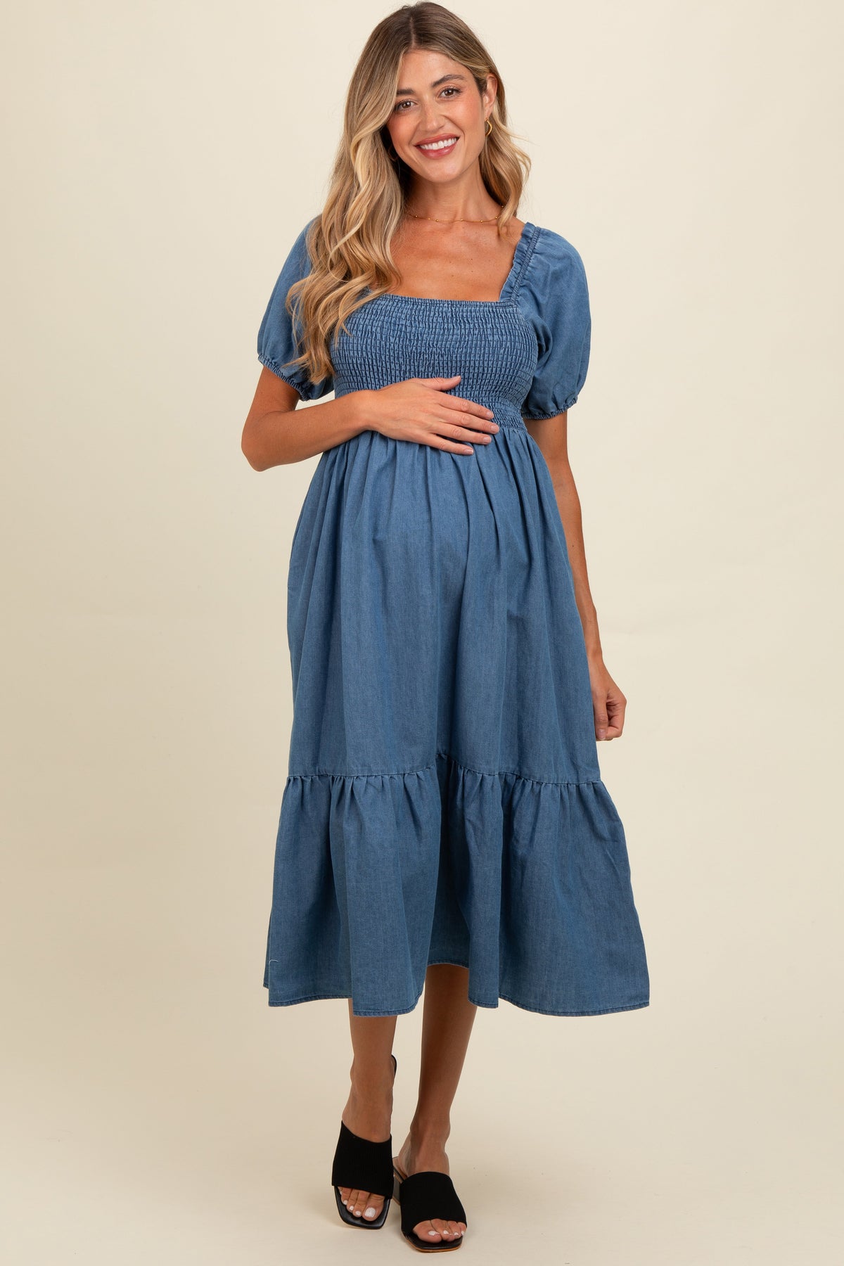 Three Little Tots Blue Vintage Wash Chambray Smocked Maternity Midi Dress, additional product photo