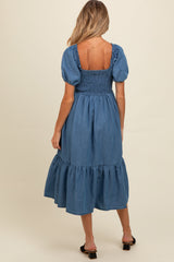 Three Little Tots Blue Vintage Wash Chambray Smocked Maternity Midi Dress, alternate angle