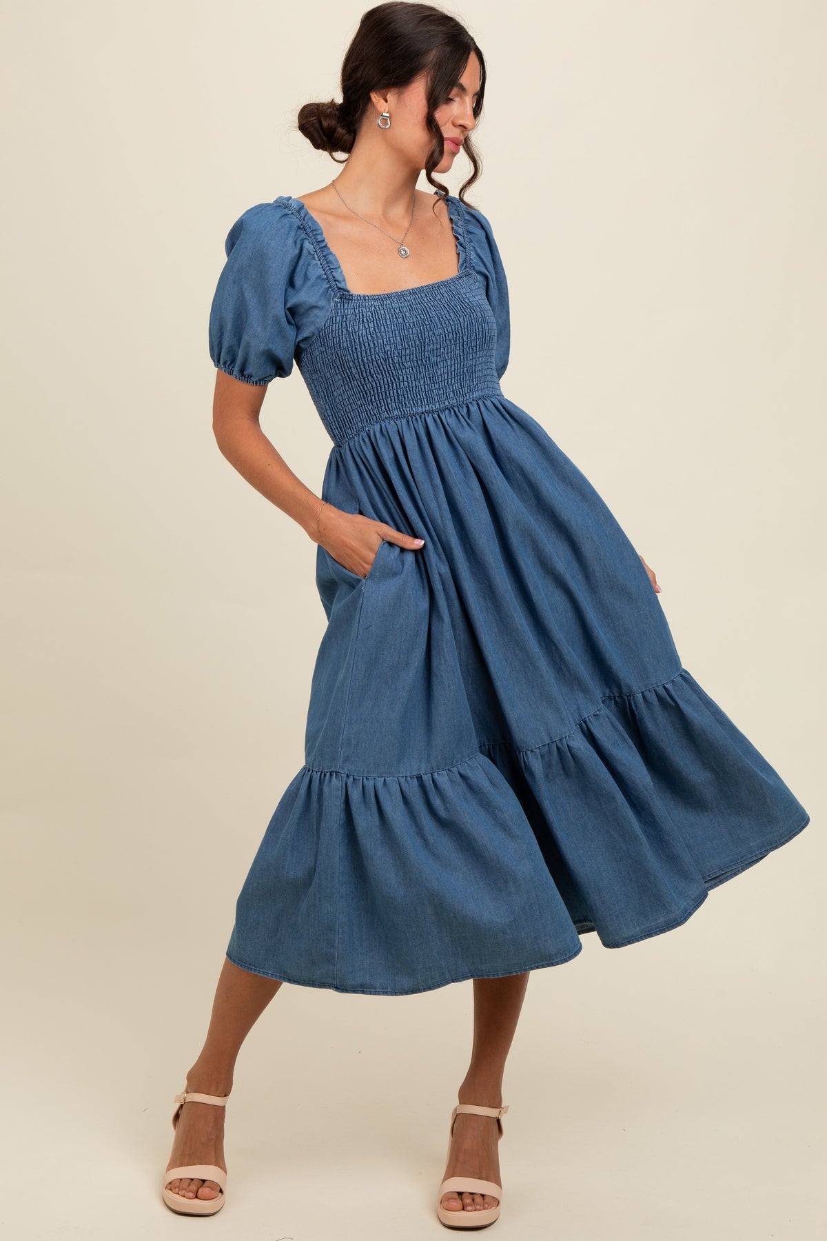 Three Little Tots Blue Vintage Wash Chambray Smocked Maternity Midi Dress, supplementary photo