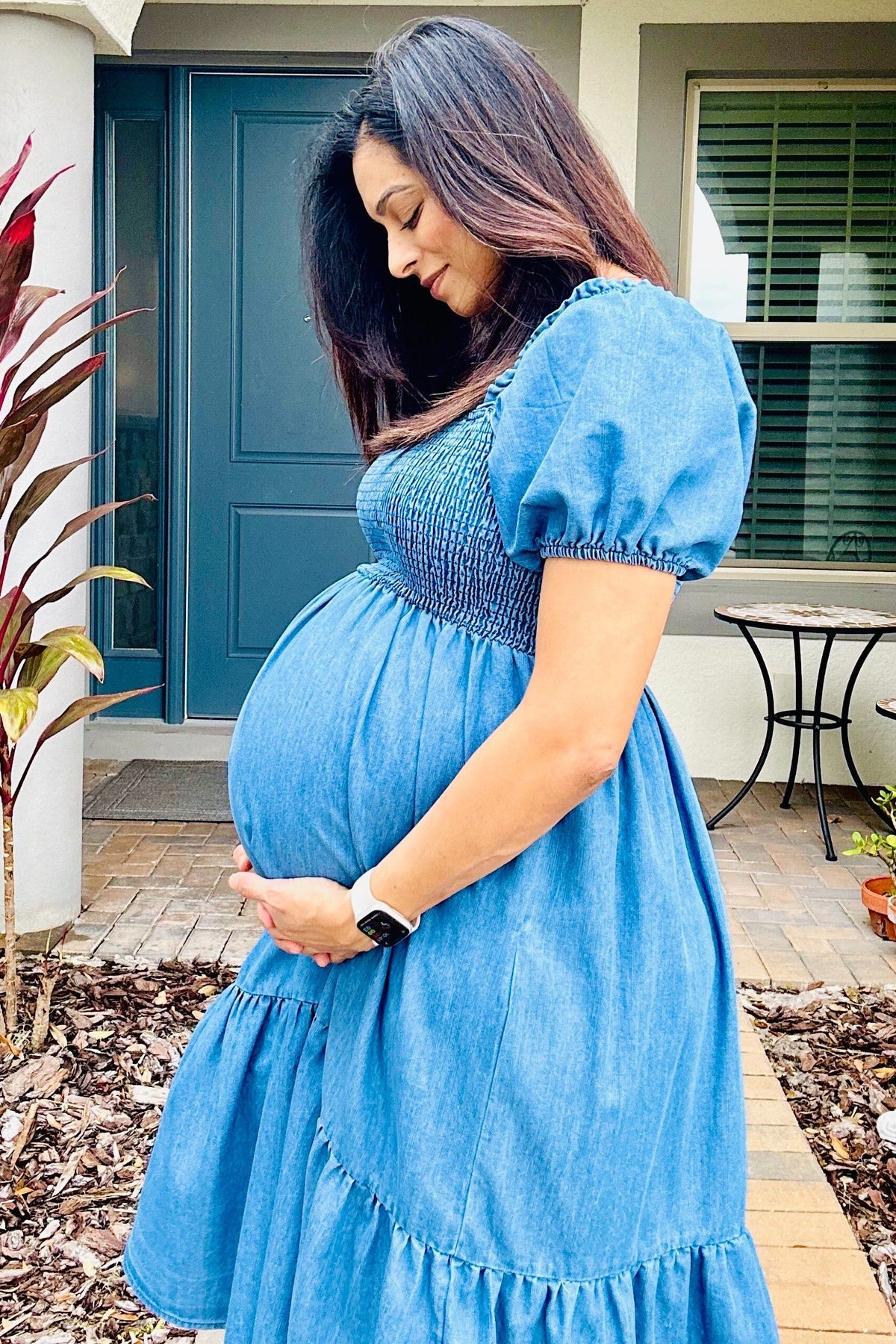 Three Little Tots Blue Vintage Wash Chambray Smocked Maternity Midi Dress, additional view