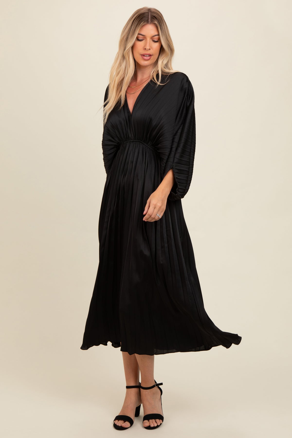 Three Little Tots Black Satin Pleated V-Neck Maternity Maxi Dress, additional view