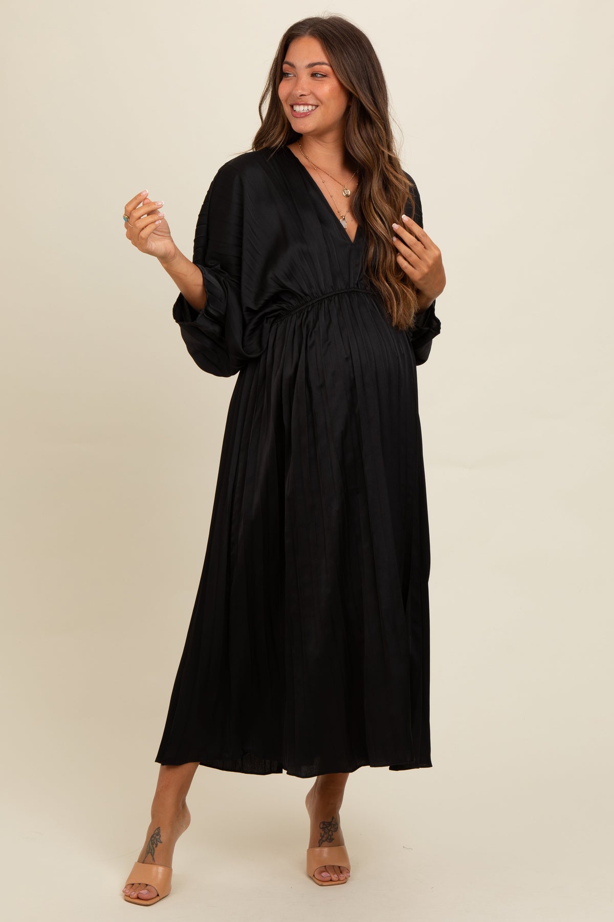 Three Little Tots Black Satin Pleated V-Neck Maternity Maxi Dress