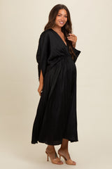 Three Little Tots Black Satin Pleated V-Neck Maternity Maxi Dress, additional product photo