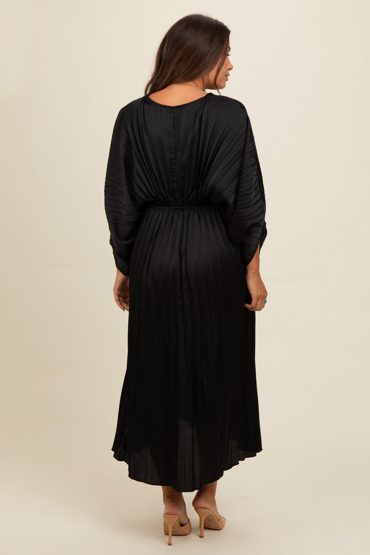 Three Little Tots Black Satin Pleated V-Neck Maternity Maxi Dress, alternate angle