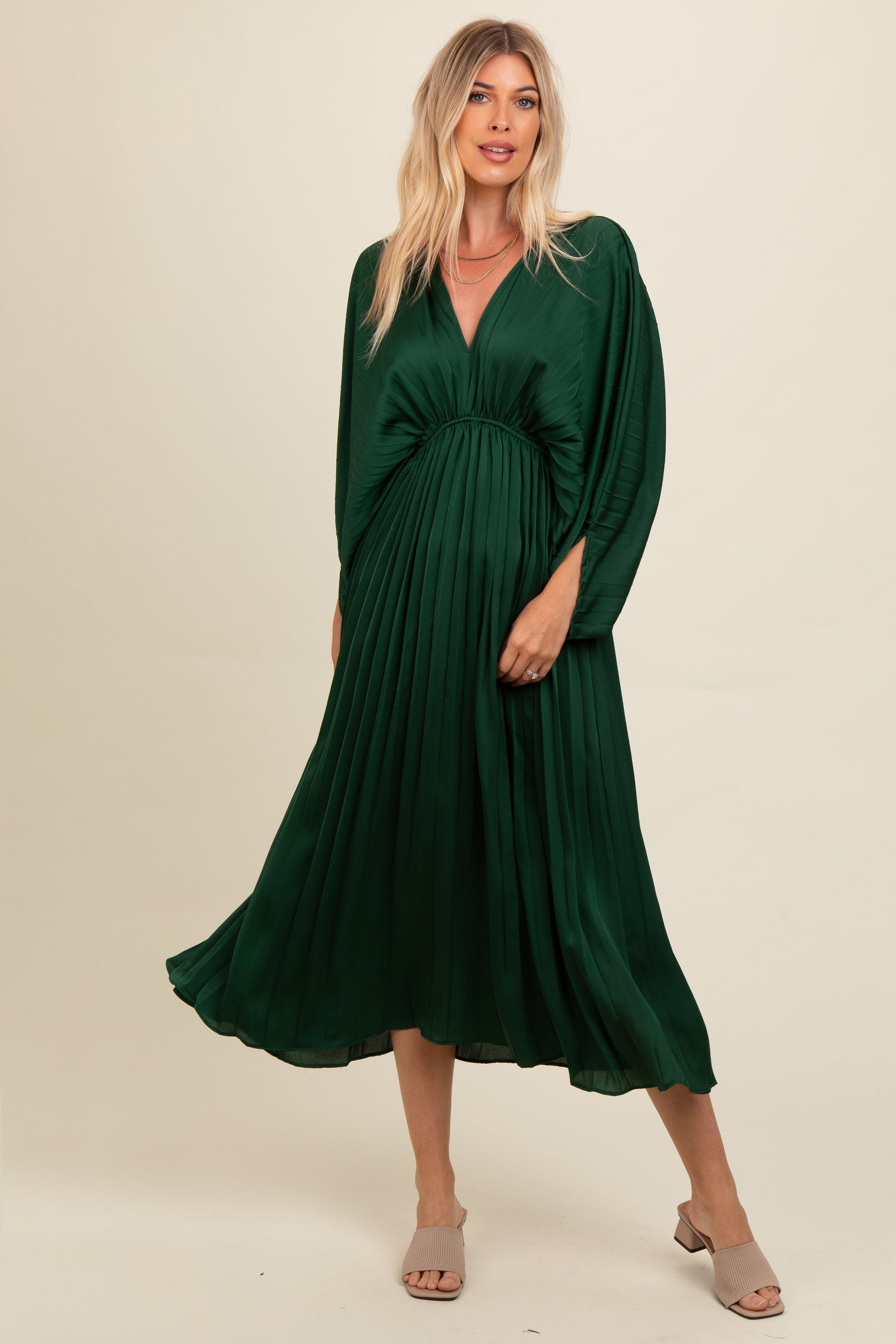 Three Little Tots Forest Green Satin Pleated V-Neck Maternity Maxi Dress, another angle