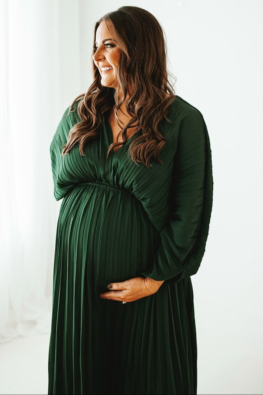 Three Little Tots Forest Green Satin Pleated V-Neck Maternity Maxi Dress, extra product detail