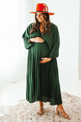 Three Little Tots Forest Green Satin Pleated V-Neck Maternity Maxi Dress, supplementary photo