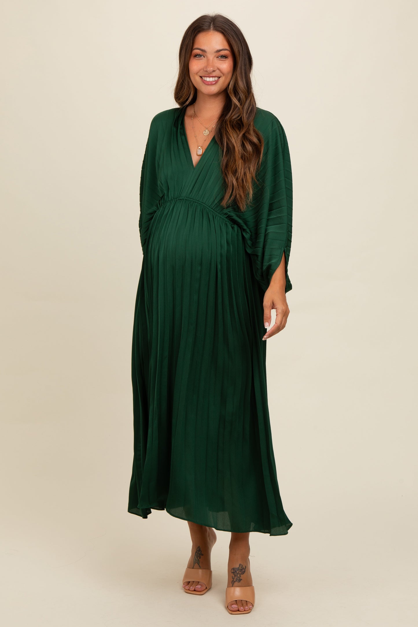Three Little Tots Forest Green Satin Pleated V-Neck Maternity Maxi Dress