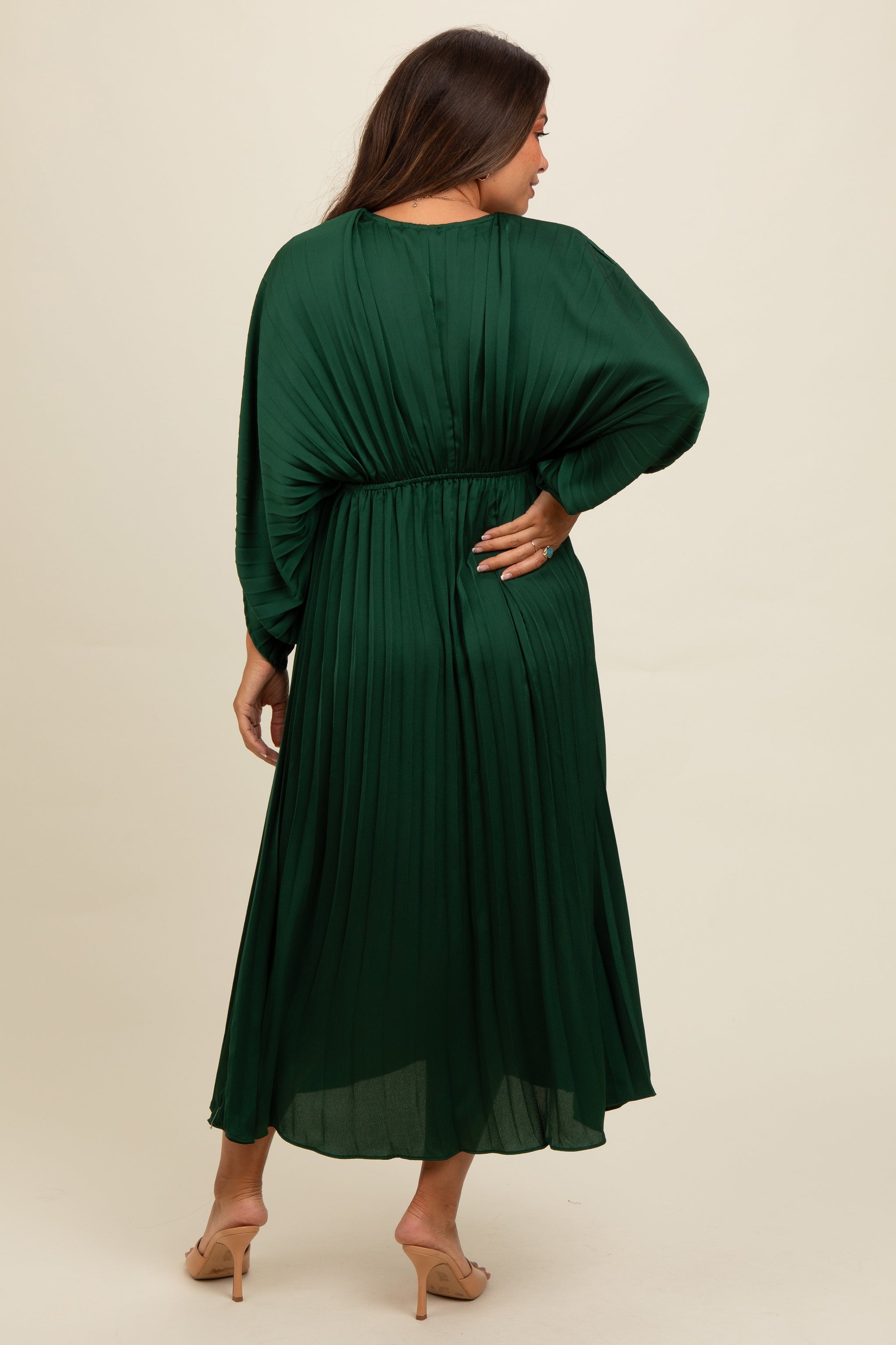 Three Little Tots Forest Green Satin Pleated V-Neck Maternity Maxi Dress, alternate angle