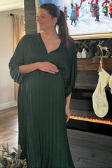 Three Little Tots Forest Green Satin Pleated V-Neck Maternity Maxi Dress, additional view