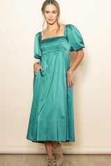 Three Little Tots Emerald Green Satin Pleated Bodice Puff Sleeve Maternity Midi Dress, extra product detail