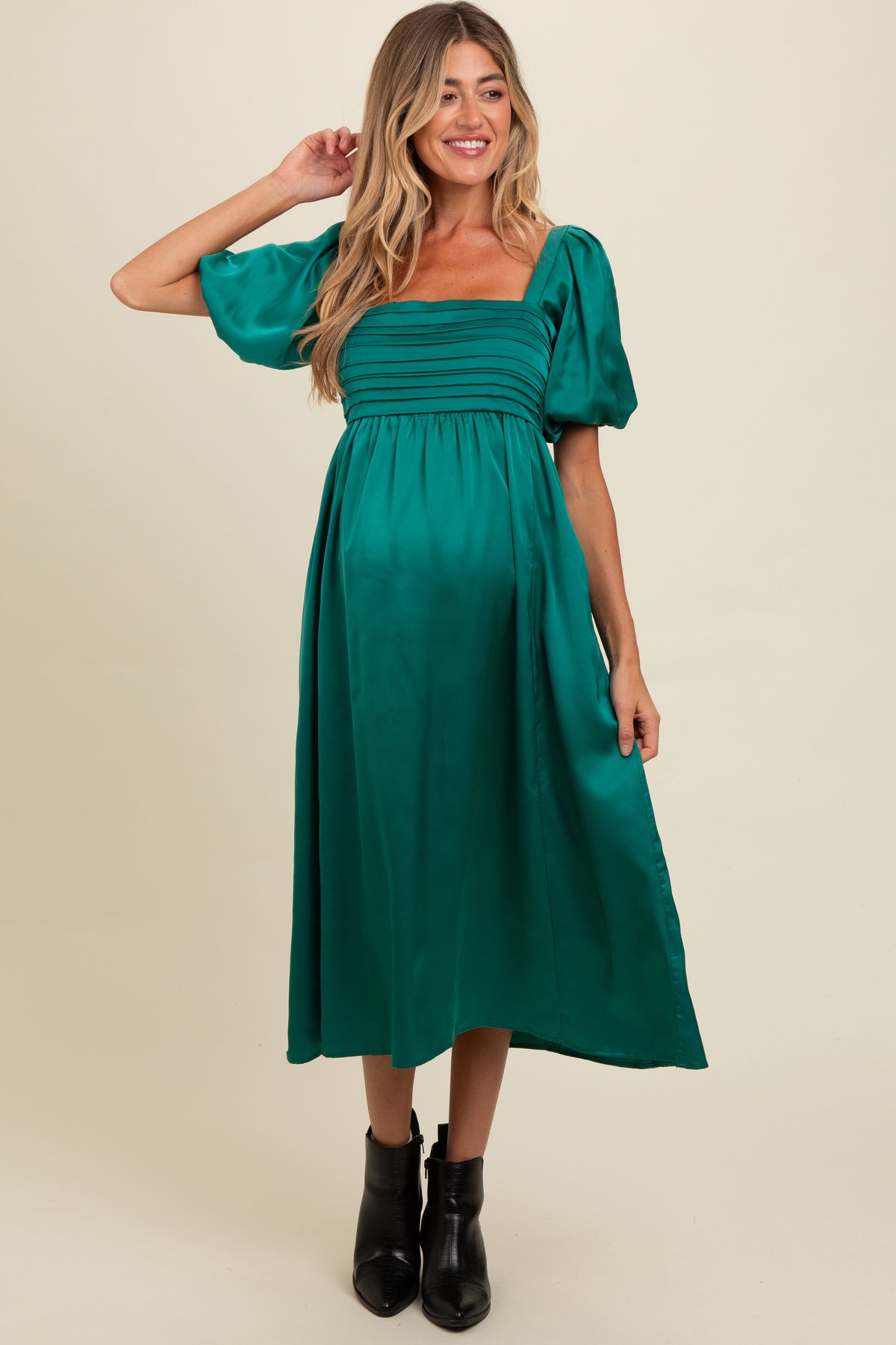 Three Little Tots Emerald Green Satin Pleated Bodice Puff Sleeve Maternity Midi Dress
