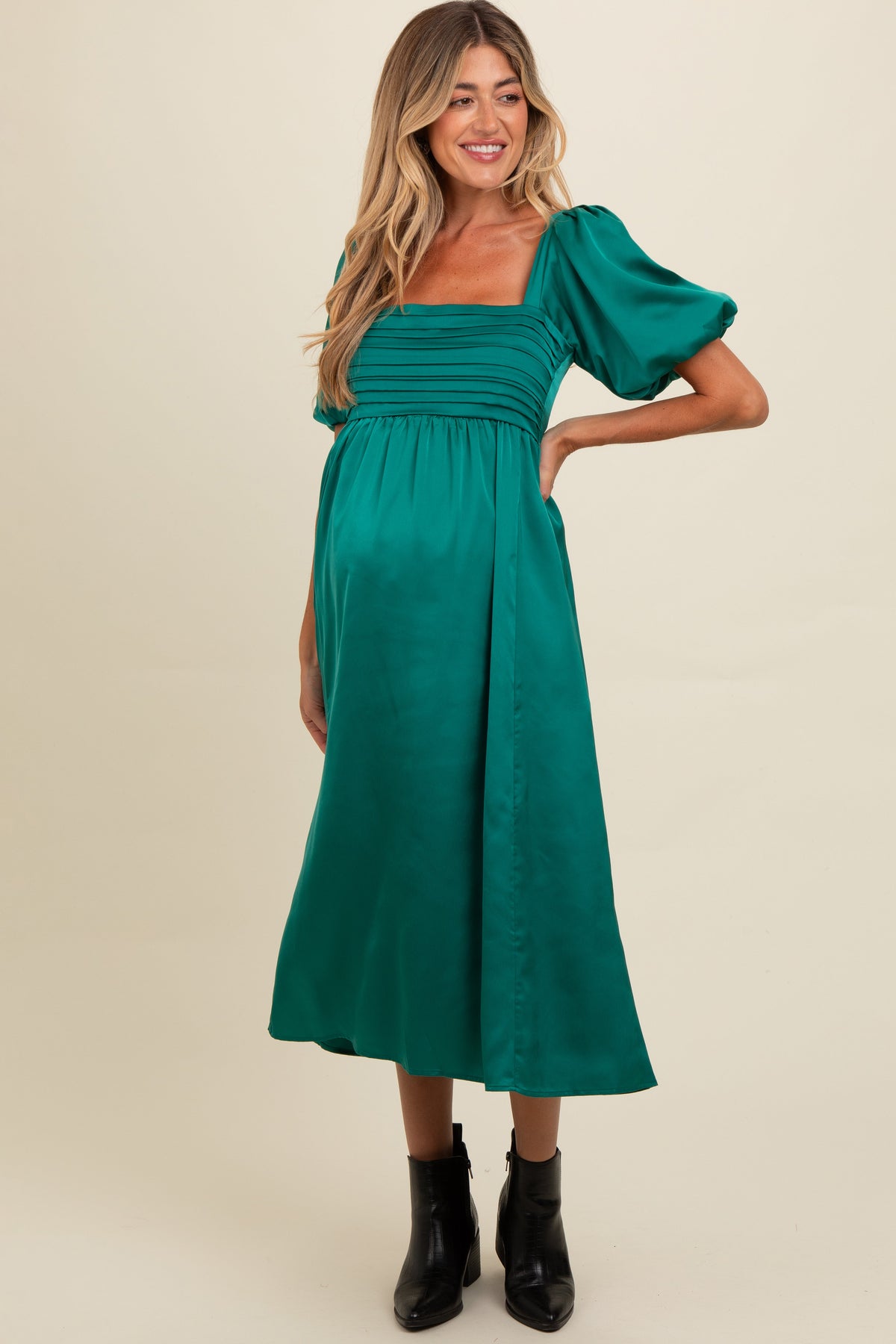 Three Little Tots Emerald Green Satin Pleated Bodice Puff Sleeve Maternity Midi Dress, additional product photo
