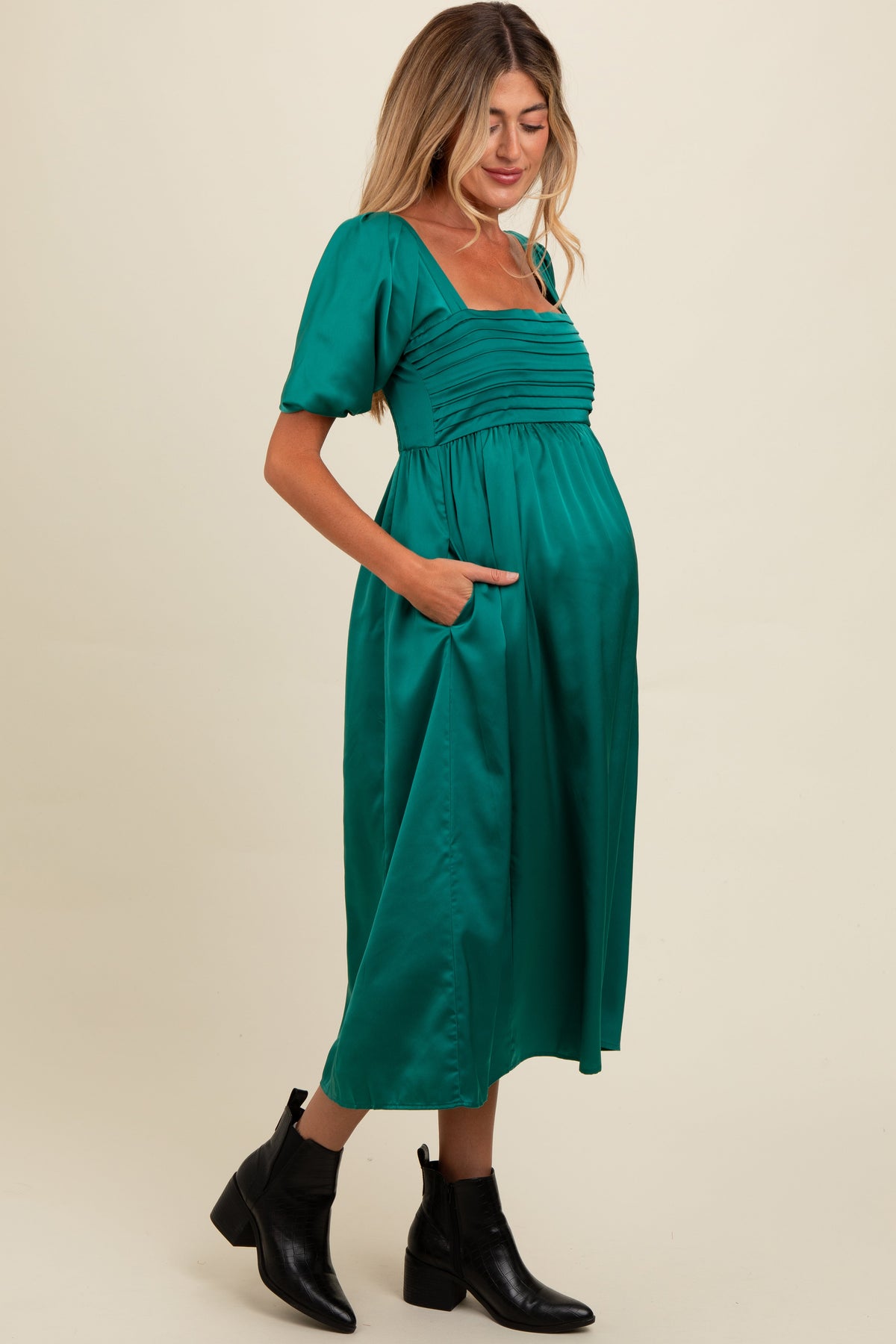 Three Little Tots Emerald Green Satin Pleated Bodice Puff Sleeve Maternity Midi Dress, alternate angle