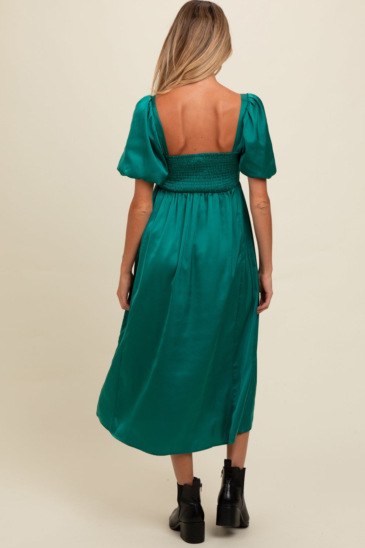 Three Little Tots Emerald Green Satin Pleated Bodice Puff Sleeve Maternity Midi Dress, additional view