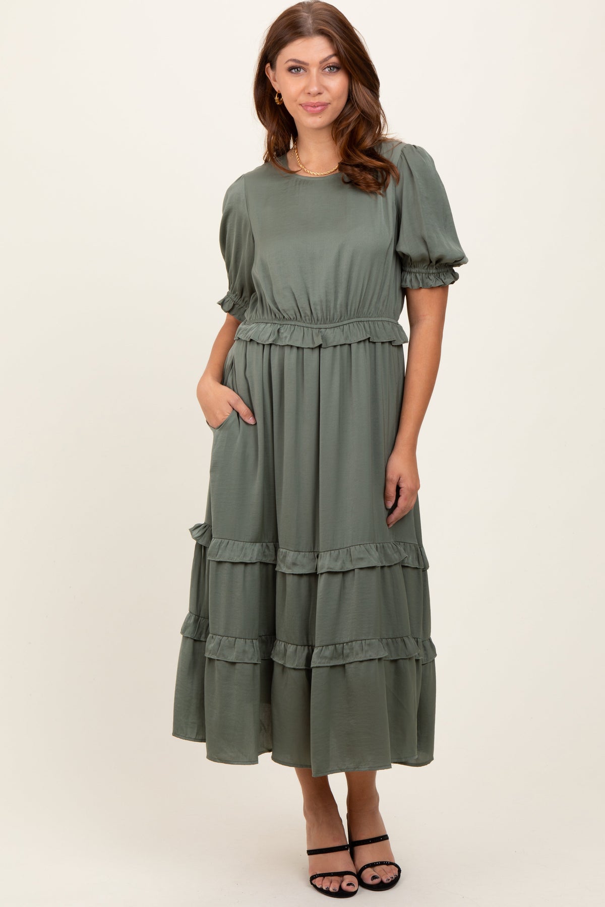 Three Little Tots Olive Satin Ruffle Trim Maternity Midi Dress, alternate angle