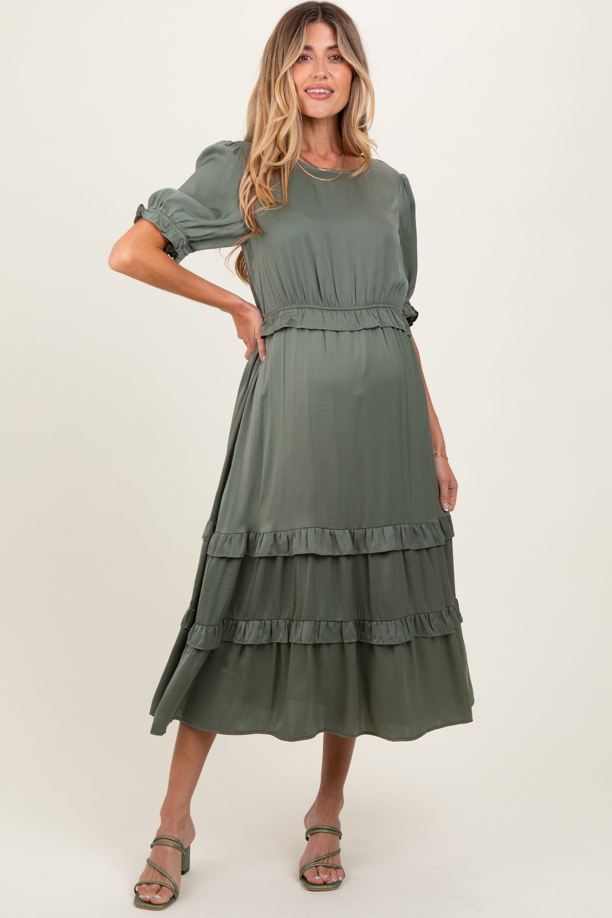 Three Little Tots Olive Satin Ruffle Trim Maternity Midi Dress