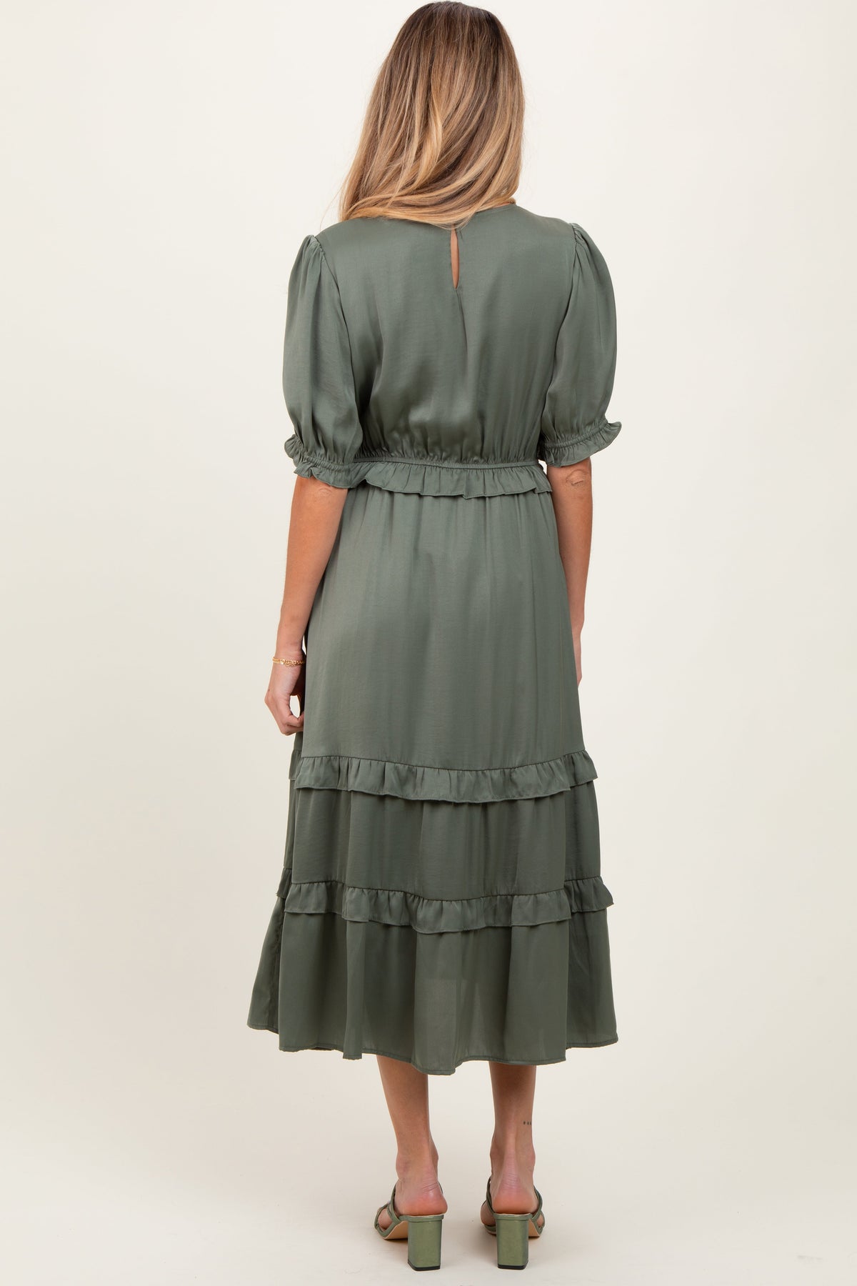 Three Little Tots Olive Satin Ruffle Trim Maternity Midi Dress, additional product photo