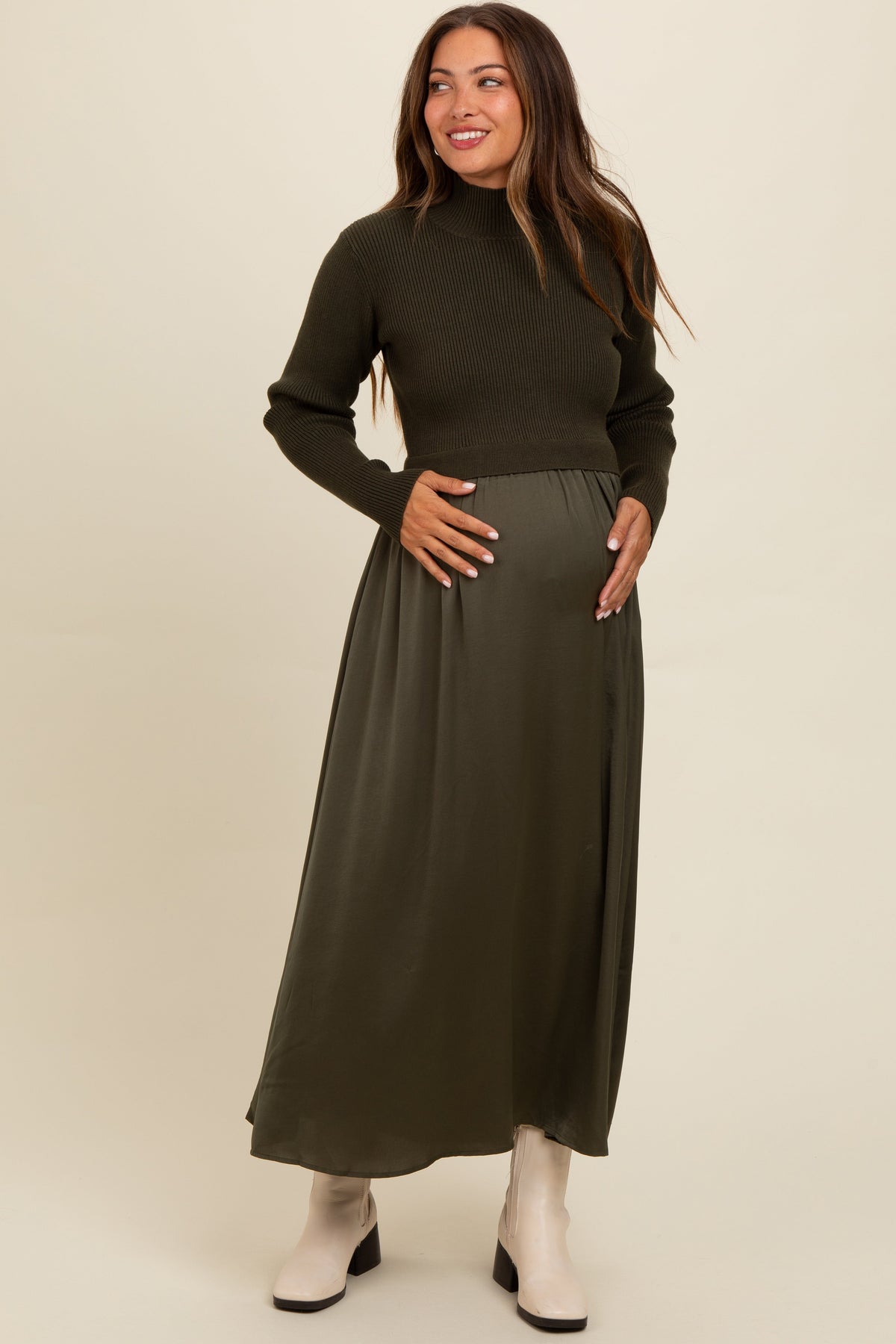 Three Little Tots Olive Knit Contrast Top Satin Maternity Midi Dress