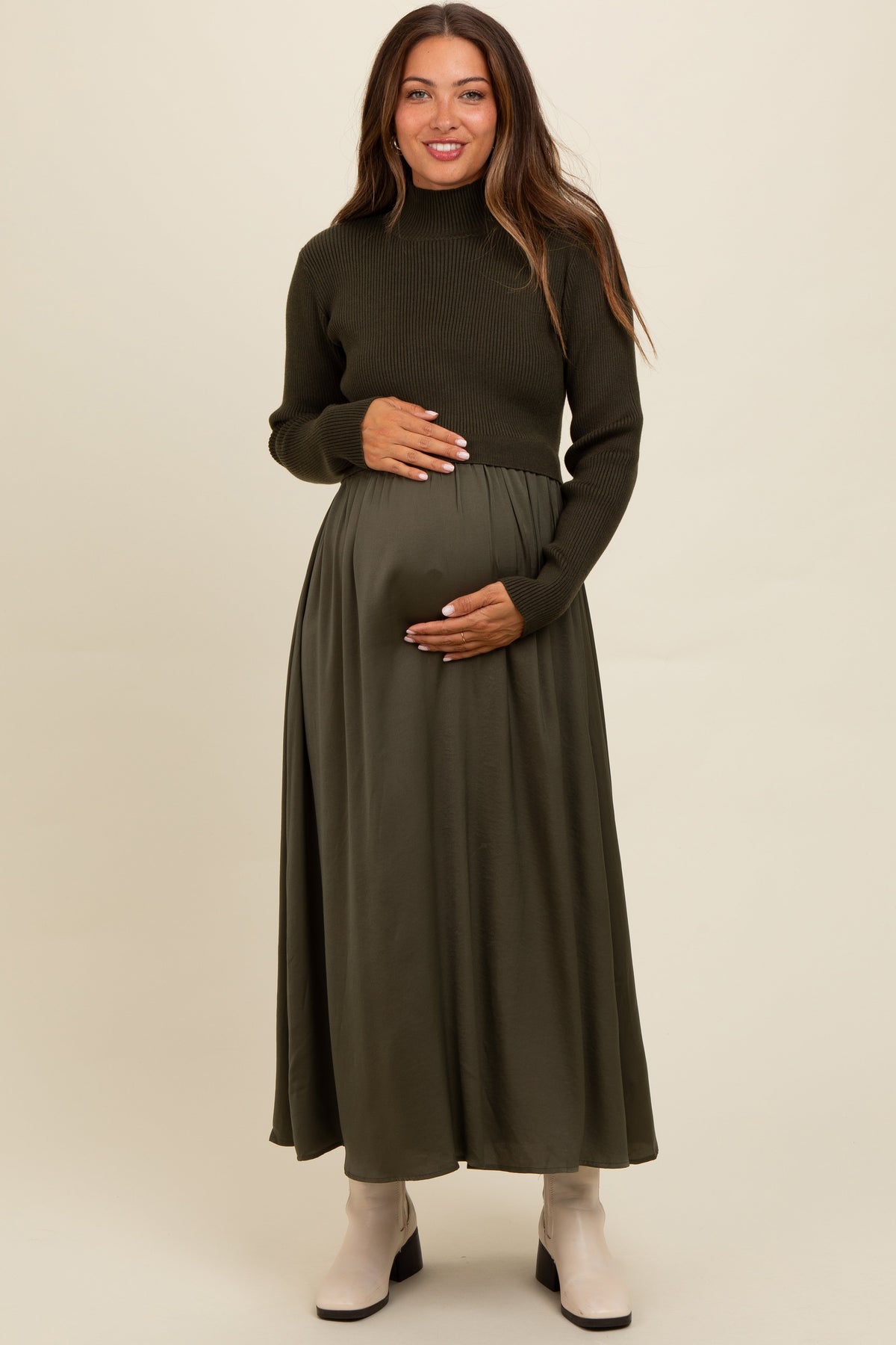 Three Little Tots Olive Knit Contrast Top Satin Maternity Midi Dress, additional product photo