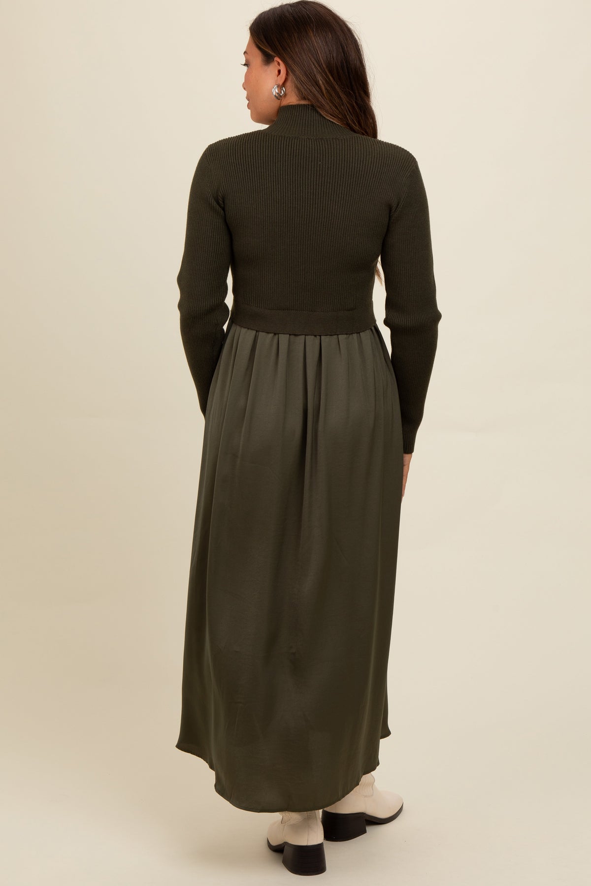 Three Little Tots Olive Knit Contrast Top Satin Maternity Midi Dress, alternate angle