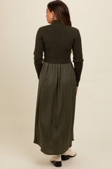 Three Little Tots Olive Knit Contrast Top Satin Maternity Midi Dress, alternate angle