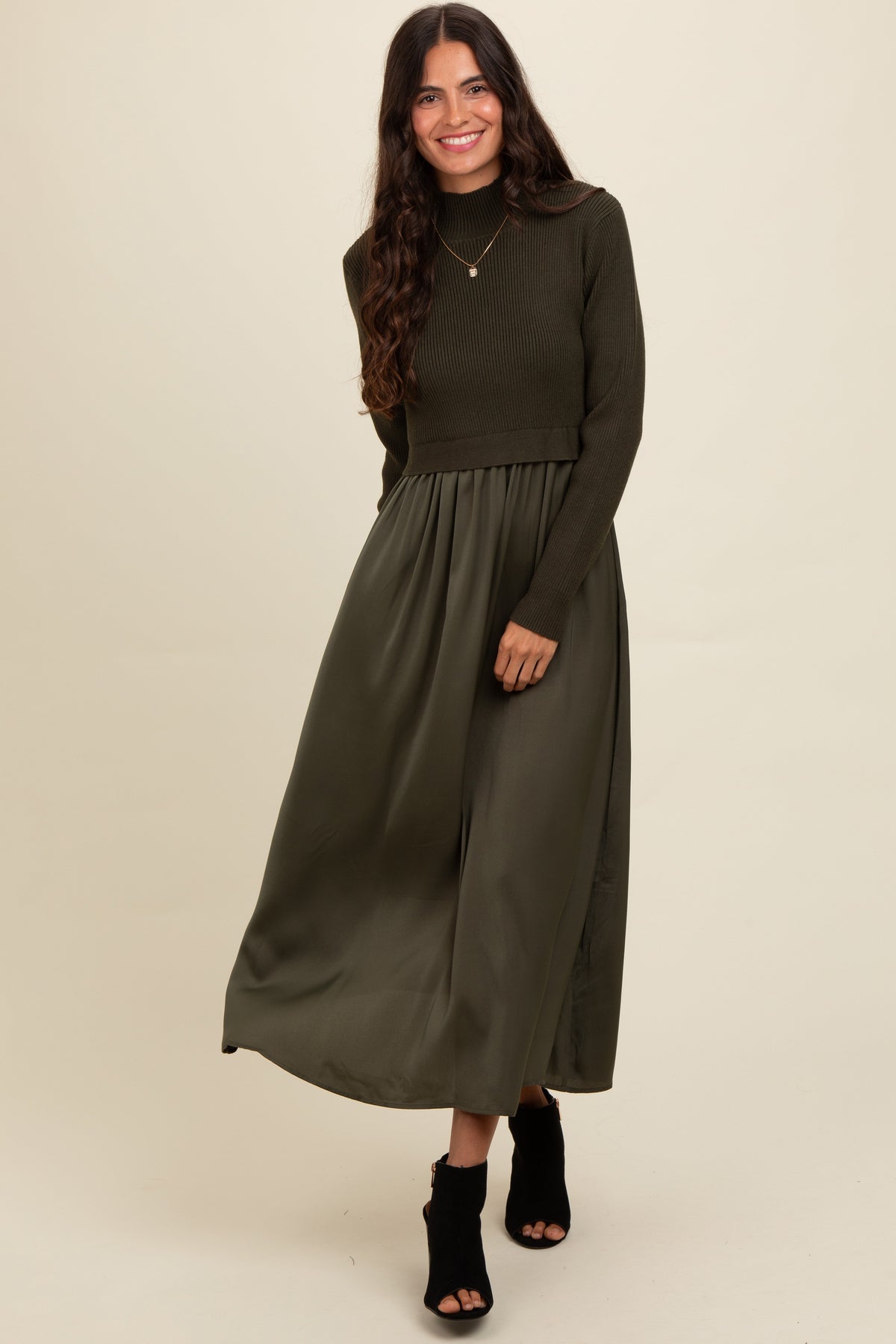Three Little Tots Olive Knit Contrast Top Satin Maternity Midi Dress, additional view