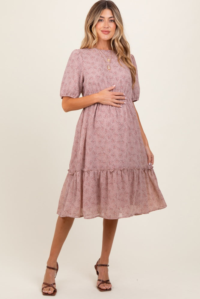 Three Little Tots Mauve Printed Textured Maternity Midi Dress