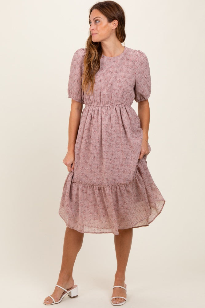Three Little Tots Mauve Printed Textured Maternity Midi Dress, alternate angle