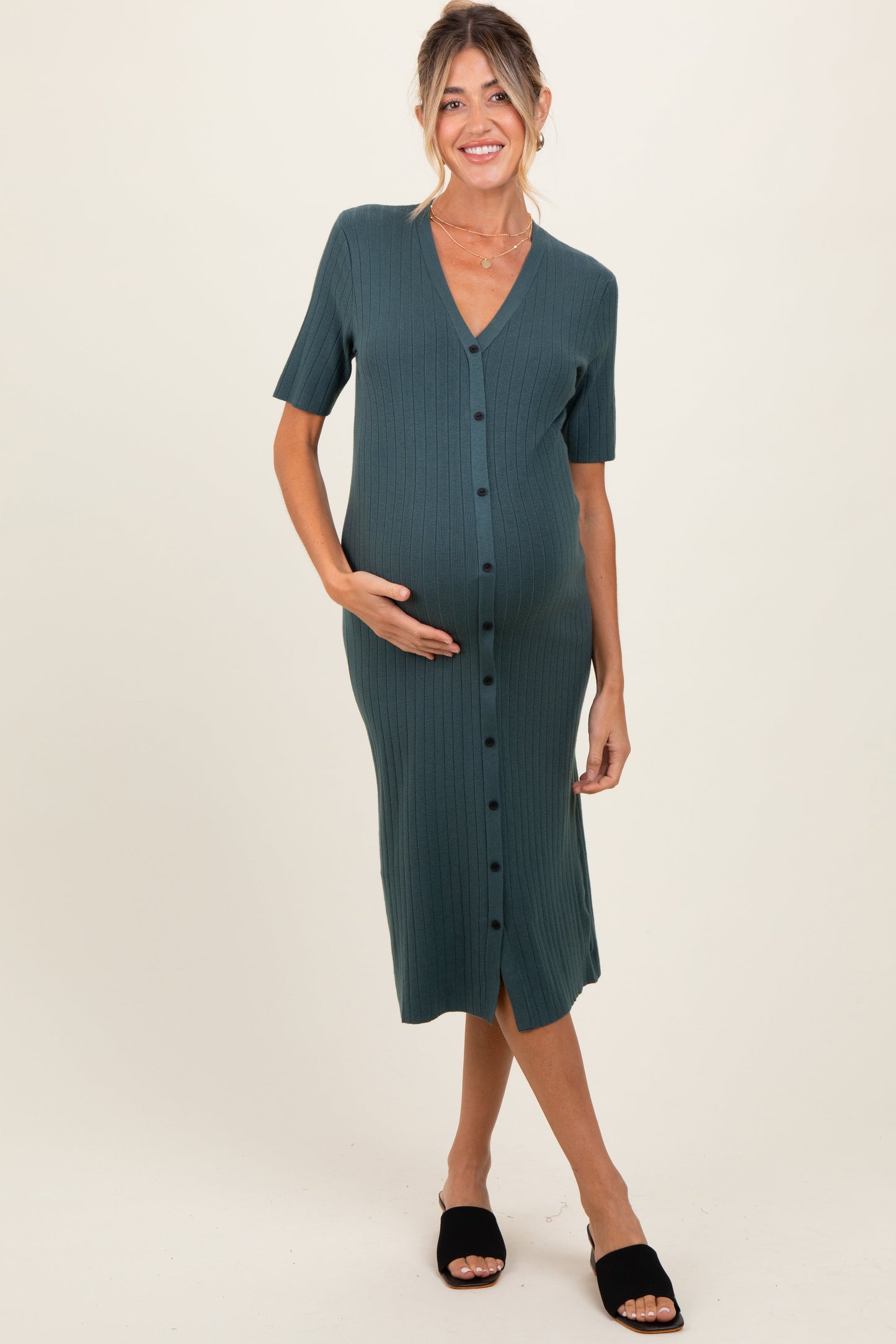 Three Little Tots Forest Green Button Down Maternity Sweater Midi Dress, additional product photo