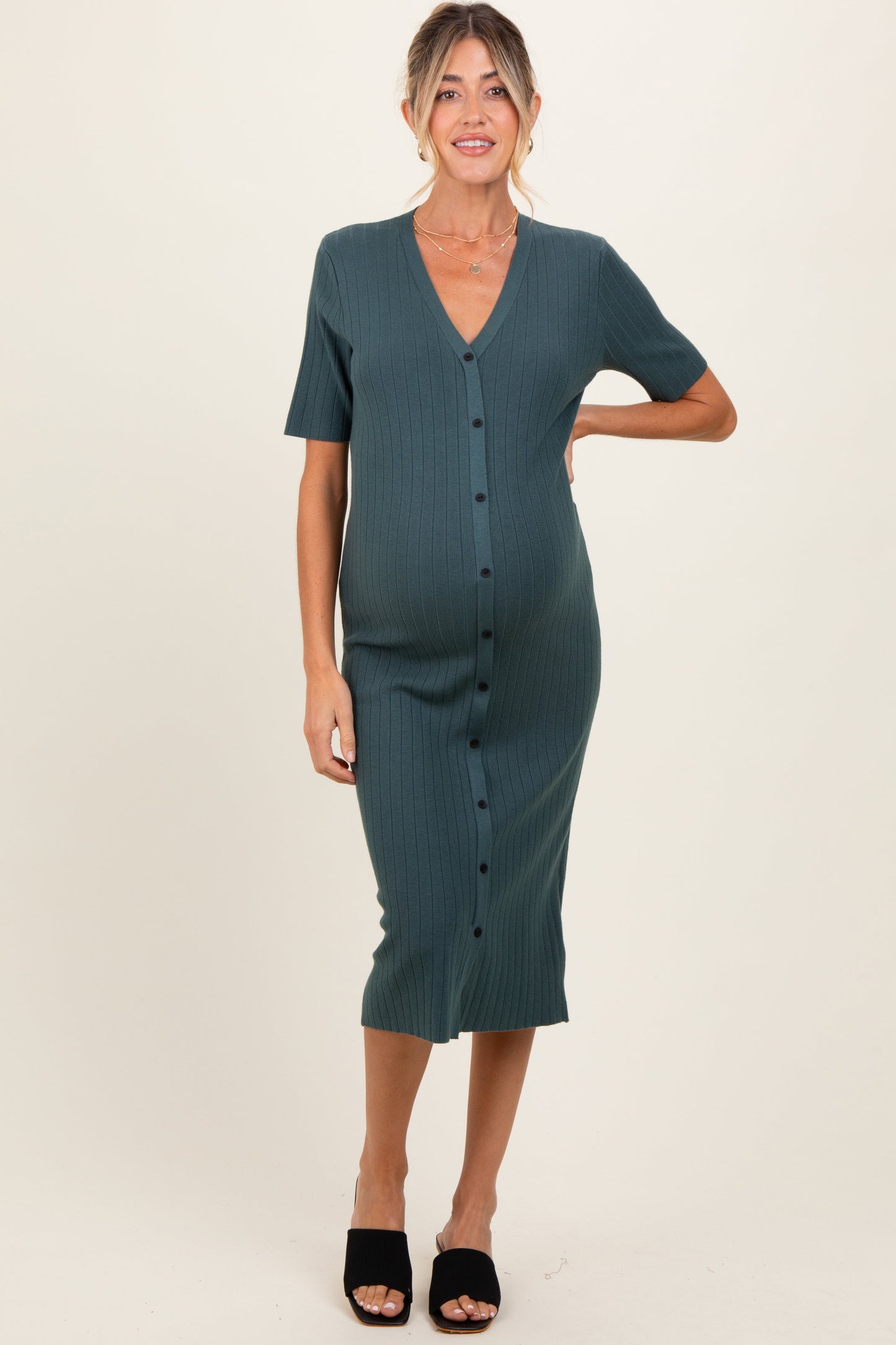 Three Little Tots Forest Green Button Down Maternity Sweater Midi Dress