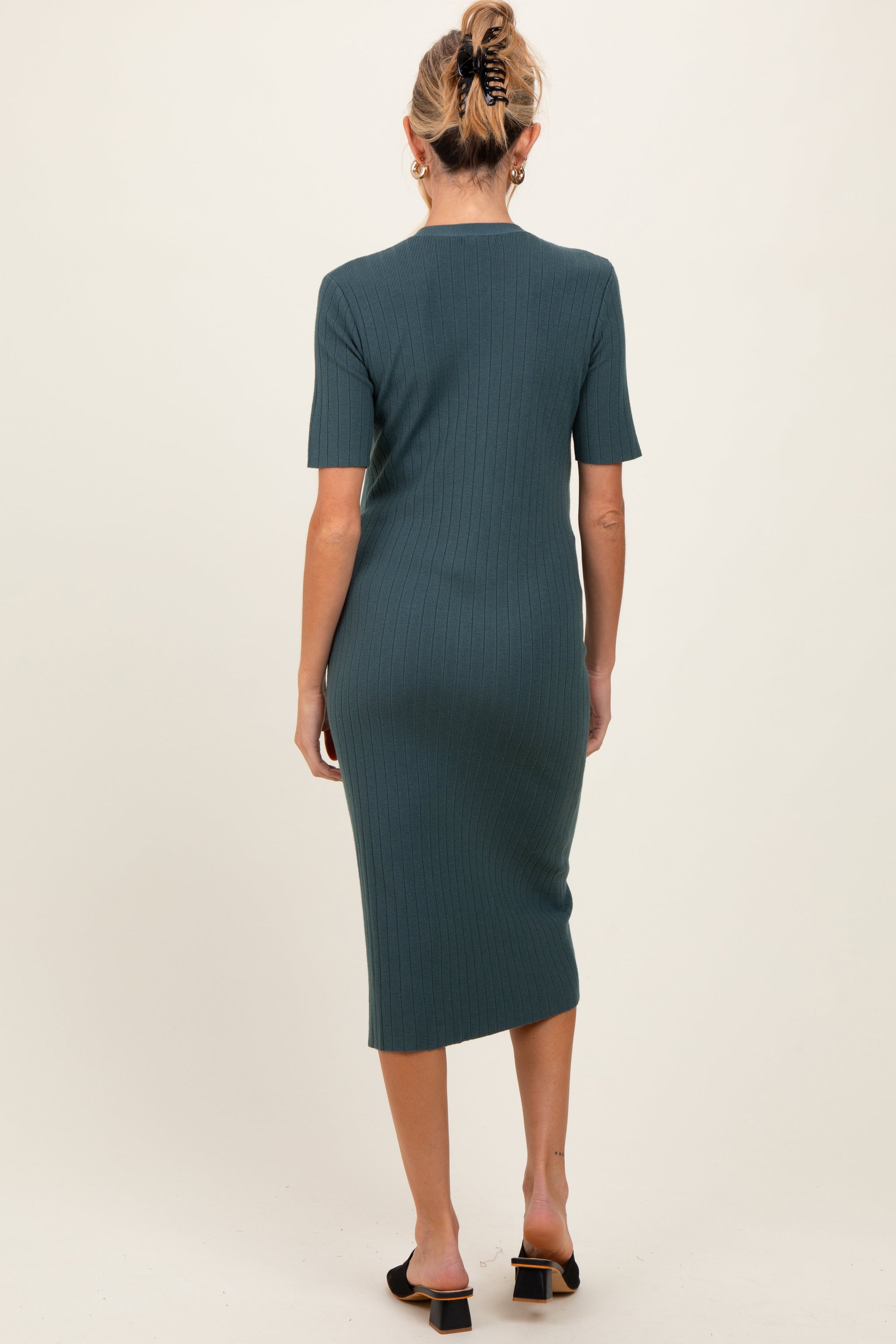 Three Little Tots Forest Green Button Down Maternity Sweater Midi Dress, alternate angle