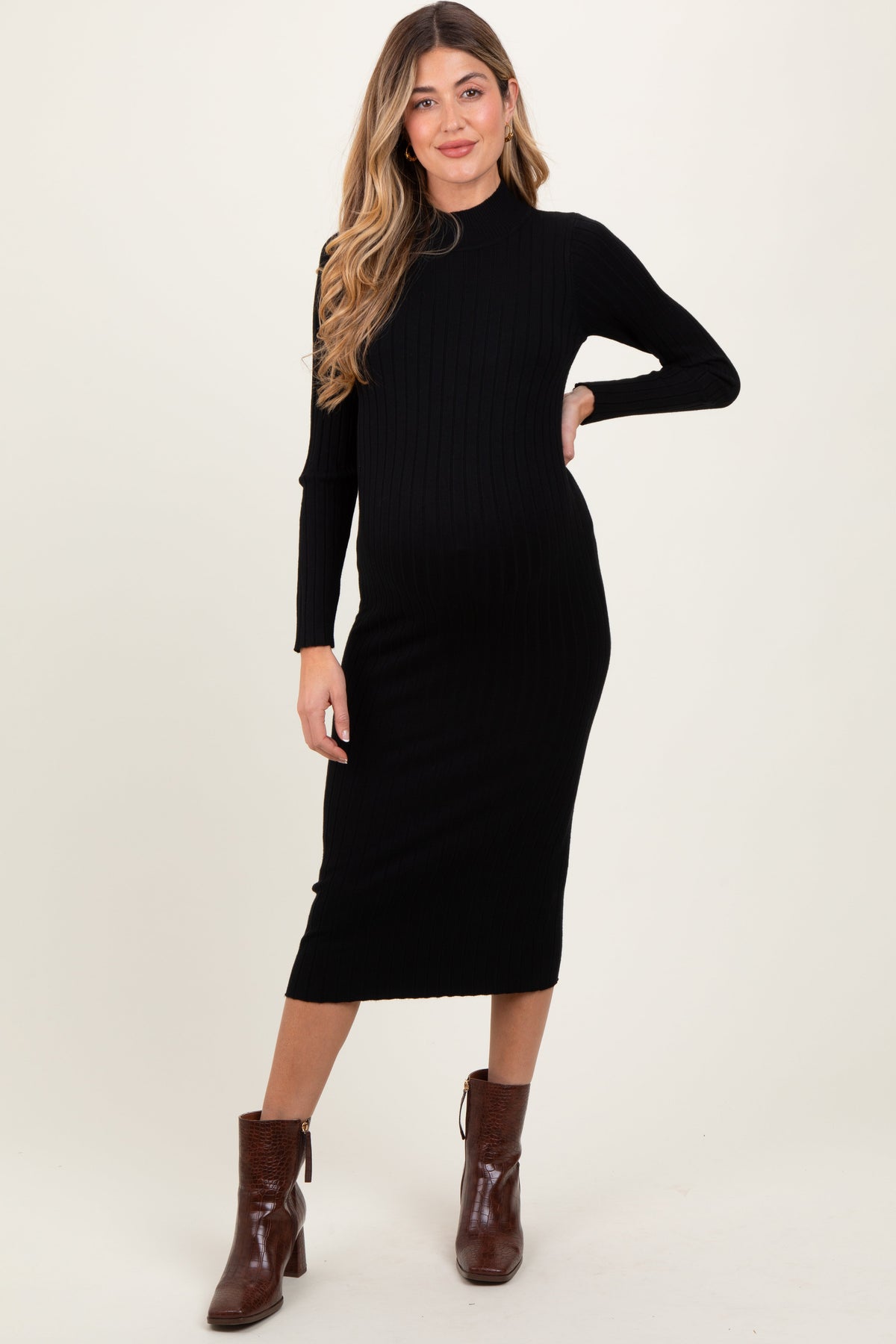 Three Little Tots Black Mock Neck Ribbed Maternity Sweater Dress
