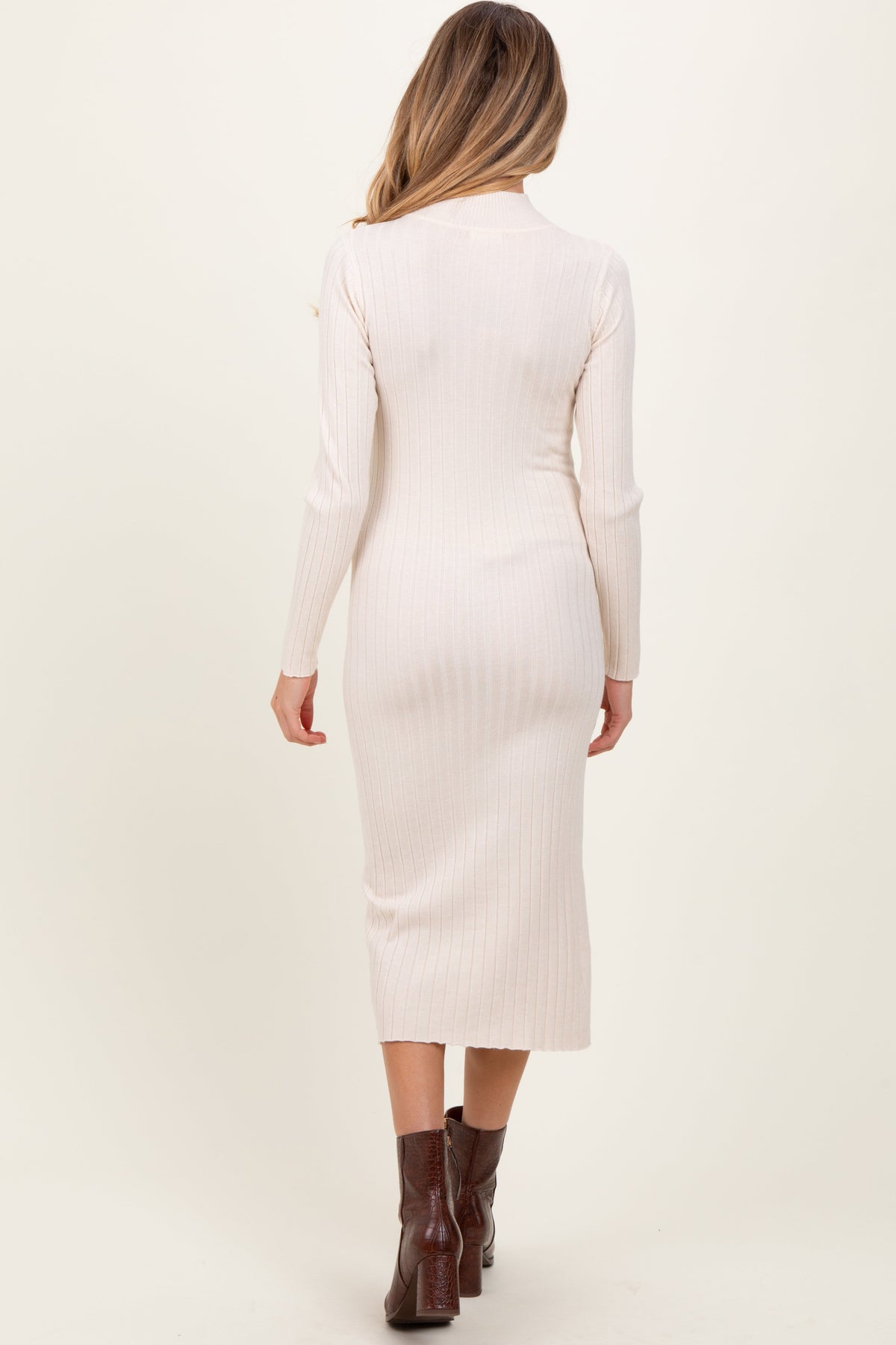Three Little Tots Beige Mock Neck Ribbed Maternity Sweater Dress, alternate angle