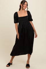 Three Little Tots Black Satin Pleated Bodice Puff Sleeve Maternity Midi Dress, additional view