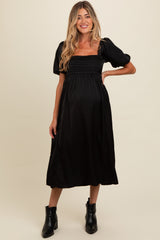 Three Little Tots Black Satin Pleated Bodice Puff Sleeve Maternity Midi Dress