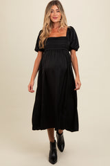 Three Little Tots Black Satin Pleated Bodice Puff Sleeve Maternity Midi Dress, additional product photo