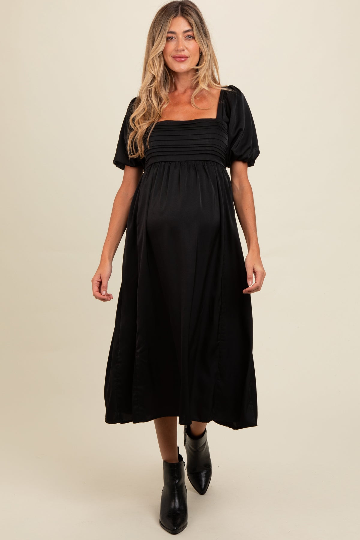 Three Little Tots Black Satin Pleated Bodice Puff Sleeve Maternity Midi Dress, additional product photo