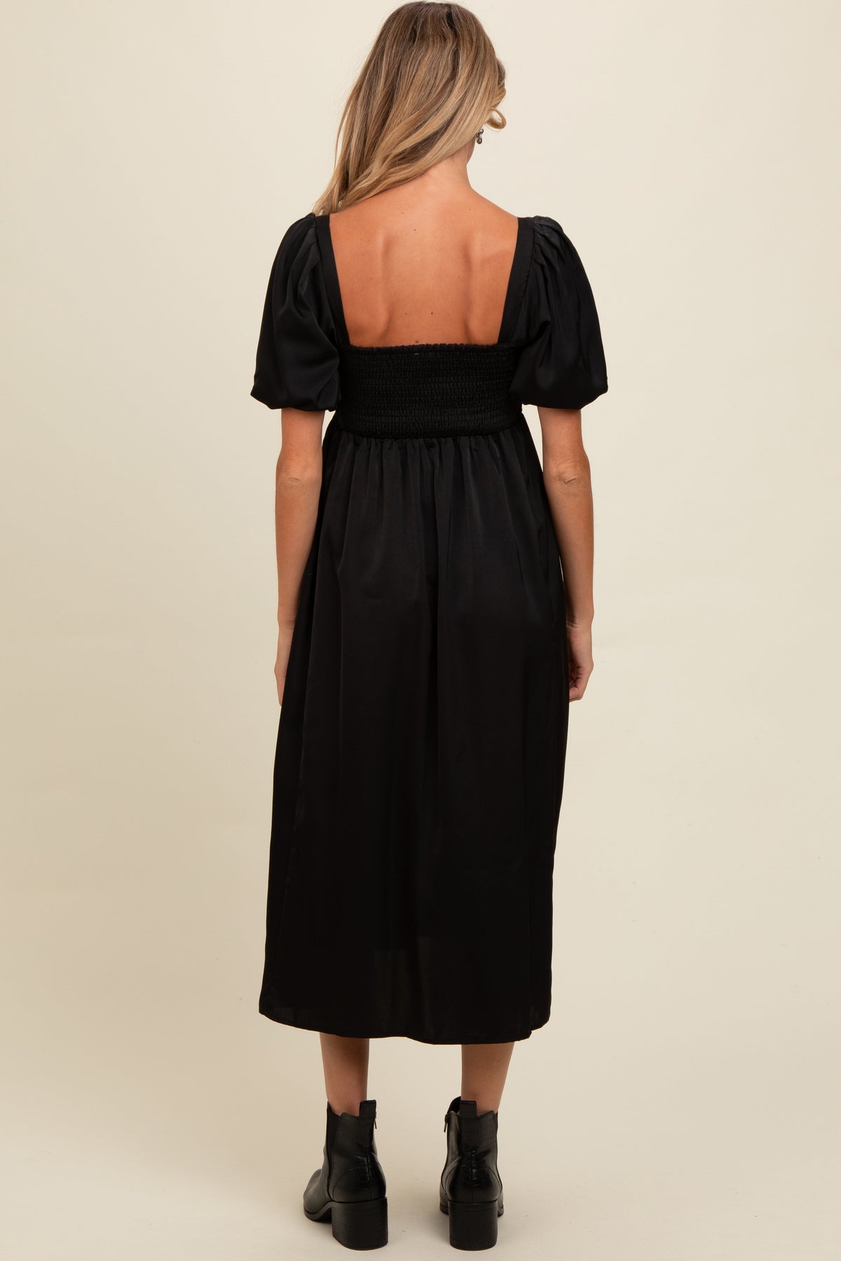 Three Little Tots Black Satin Pleated Bodice Puff Sleeve Maternity Midi Dress, alternate angle