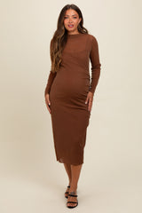 Three Little Tots Brown Shimmer Mesh Long Sleeve Ruched Maternity Midi Dress