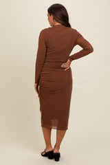 Three Little Tots Brown Shimmer Mesh Long Sleeve Ruched Maternity Midi Dress, extra product detail