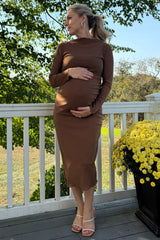 Three Little Tots Brown Shimmer Mesh Long Sleeve Ruched Maternity Midi Dress, alternate angle