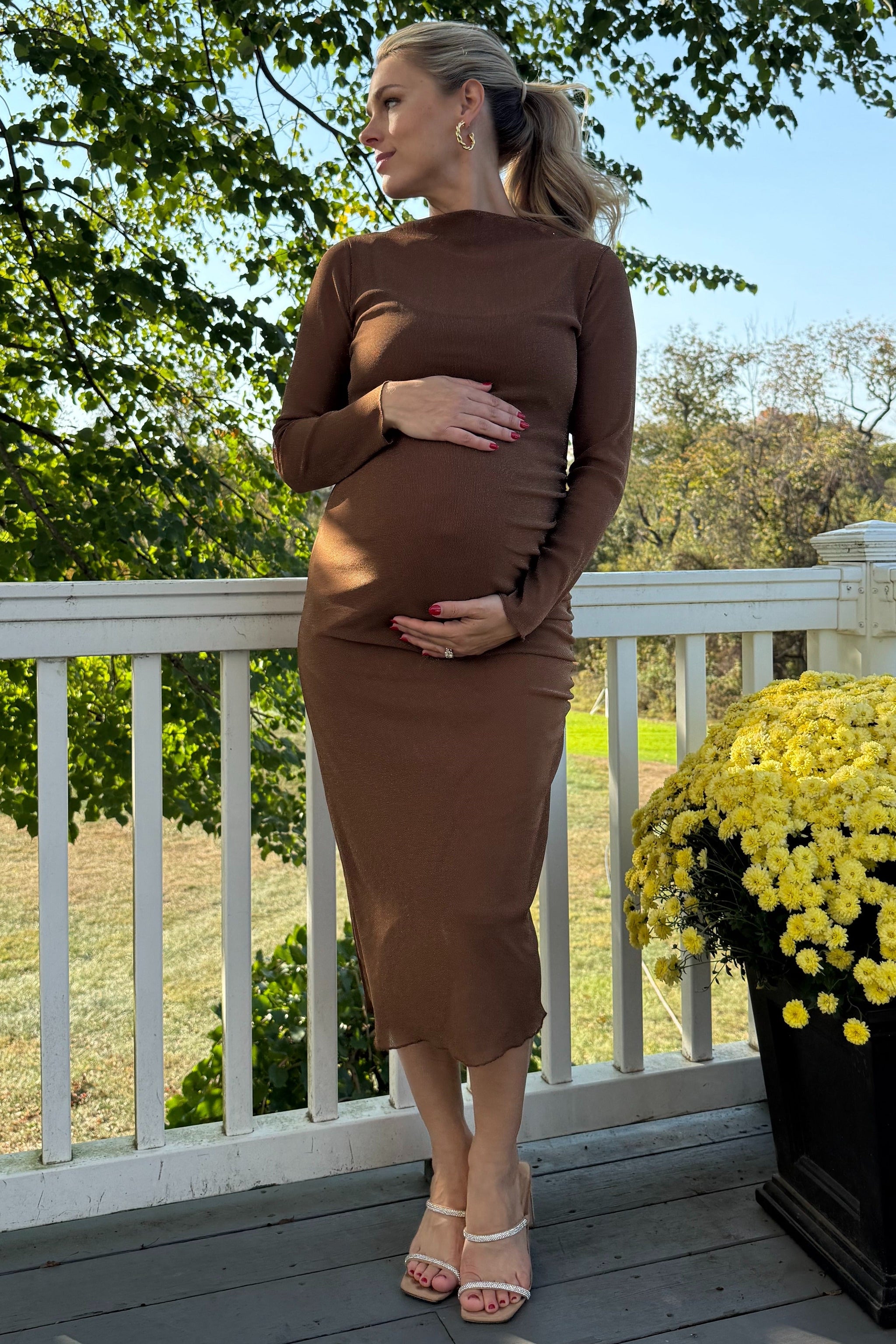 Three Little Tots Brown Shimmer Mesh Long Sleeve Ruched Maternity Midi Dress, alternate angle