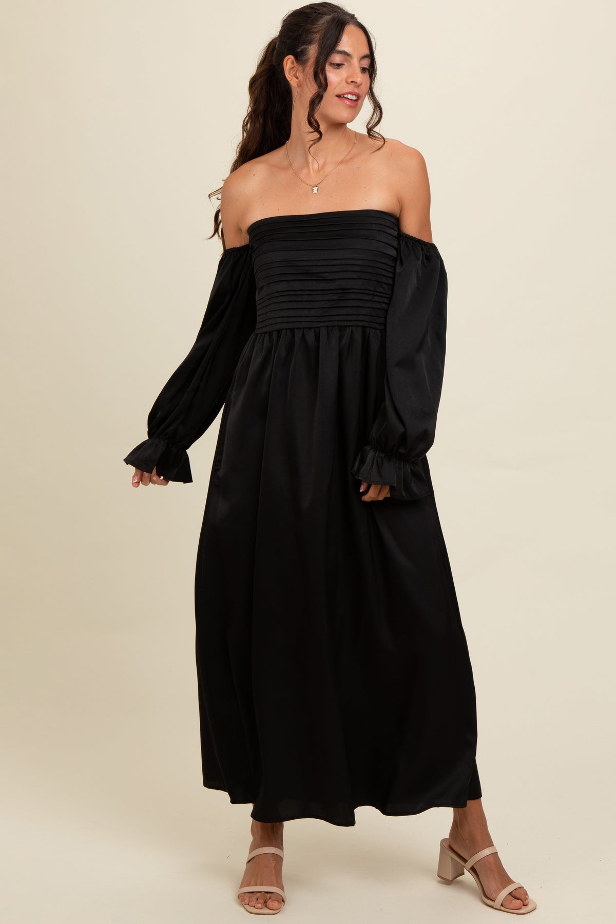 Three Little Tots Black Off Shoulder Satin Pleated Bodice Maternity Maxi Dress, additional view