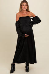 Three Little Tots Black Off Shoulder Satin Pleated Bodice Maternity Maxi Dress