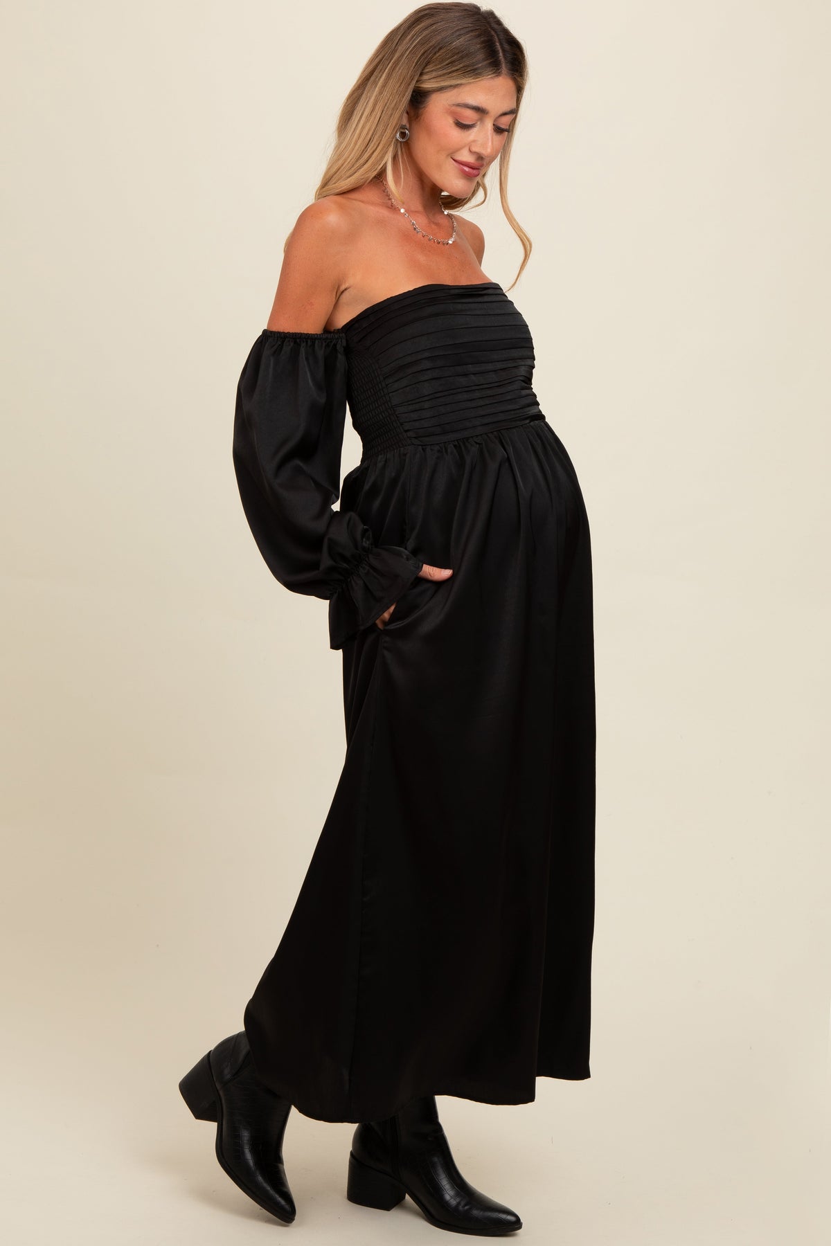 Three Little Tots Black Off Shoulder Satin Pleated Bodice Maternity Maxi Dress, additional product photo