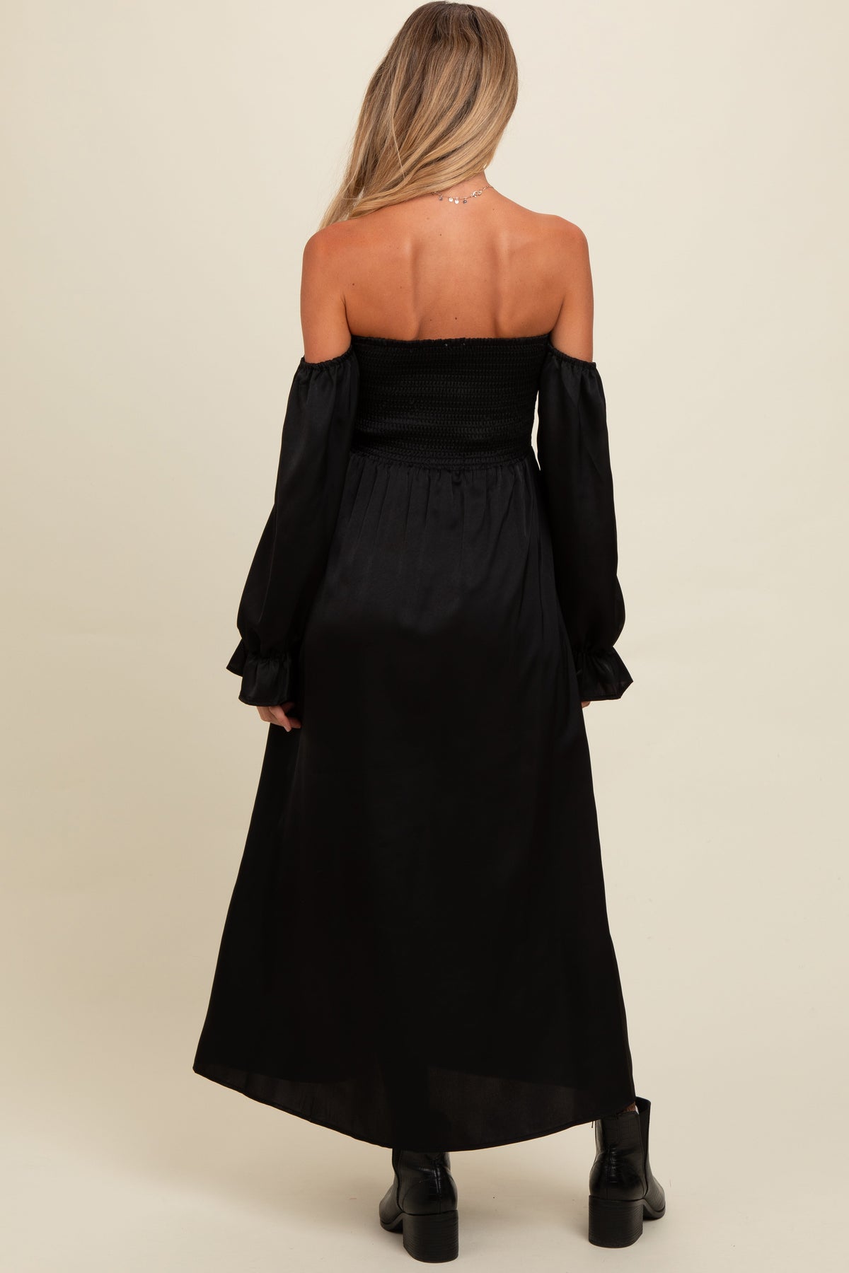 Three Little Tots Black Off Shoulder Satin Pleated Bodice Maternity Maxi Dress, alternate angle