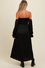 Three Little Tots Black Off Shoulder Satin Pleated Bodice Maternity Maxi Dress, alternate angle